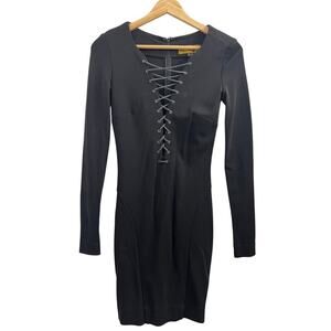 Nicole Miller Lace Up Front Bodycon Long Sleeve Y2K Black Dress Sz 2